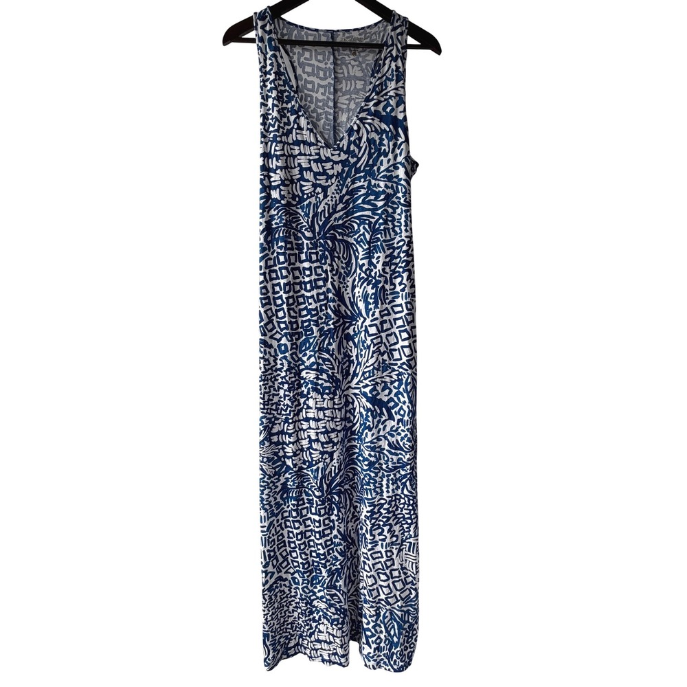 Lilly Pulitzer Kerri Pima Cotton Maxi Dress Women L Blue White Pineapple Coastal